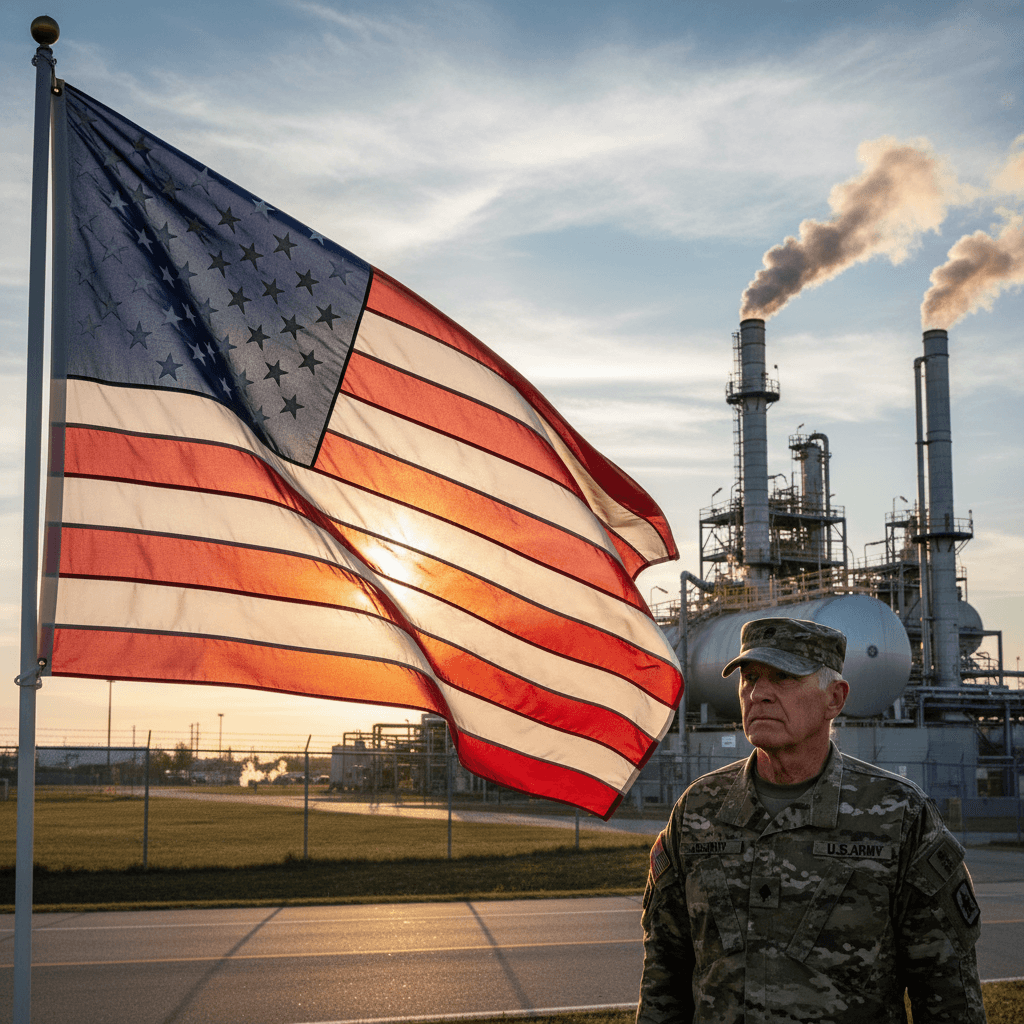 American flag with veteran and industrial facility in background