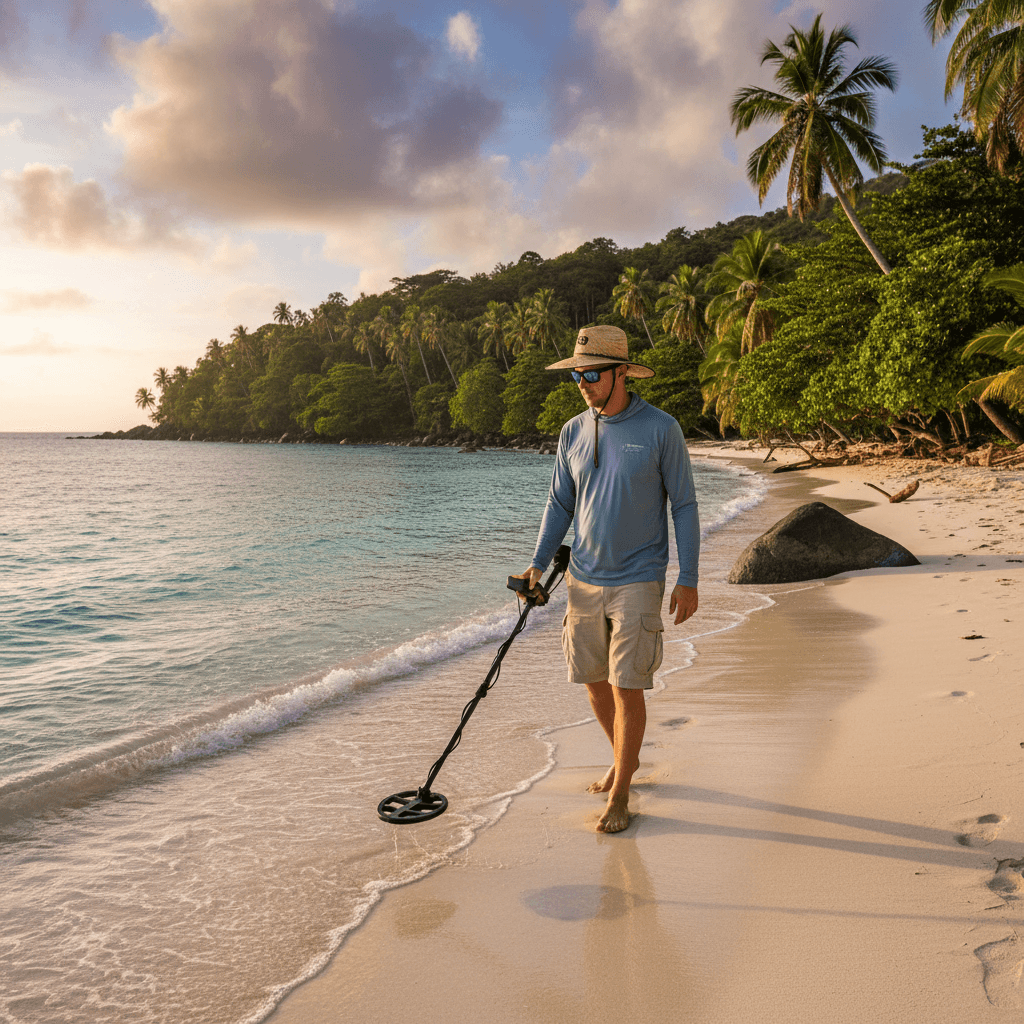 Surveyor with handheld detector walking a remote Pacific beach