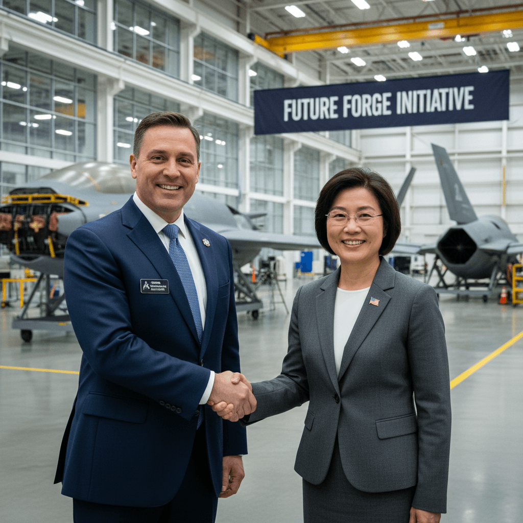 Defense contractor and government official shaking hands at facility