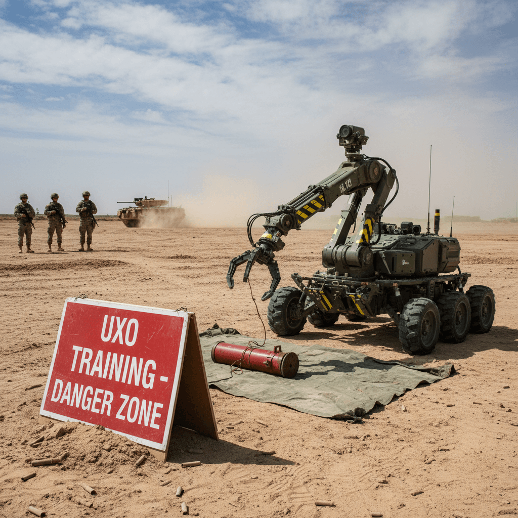 Remote ordnance disposal robot deployed in a field during a training exercise