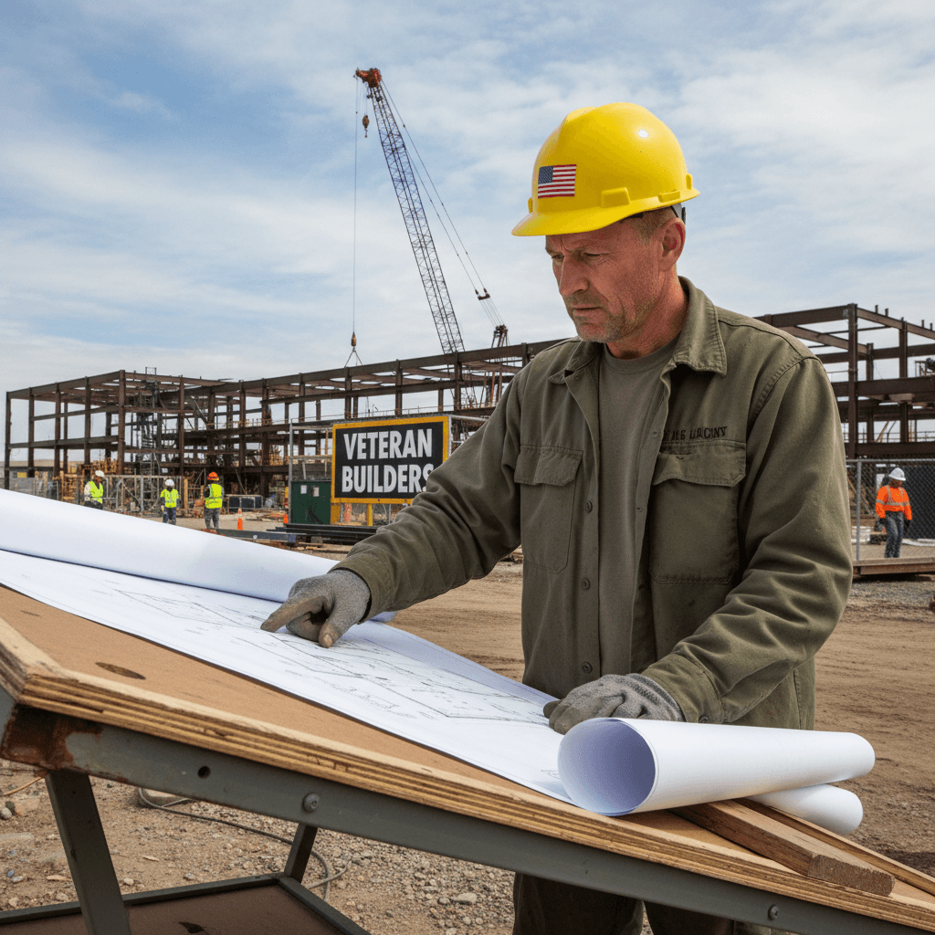 Military veteran in hard hat reviewing blueprints at industrial site