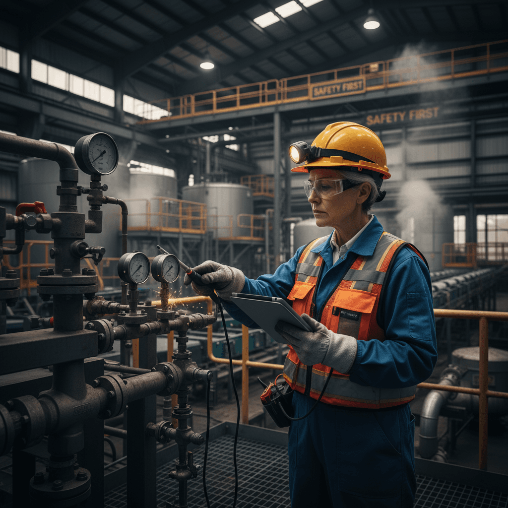 Veteran technician in safety gear inspecting equipment at industrial facility