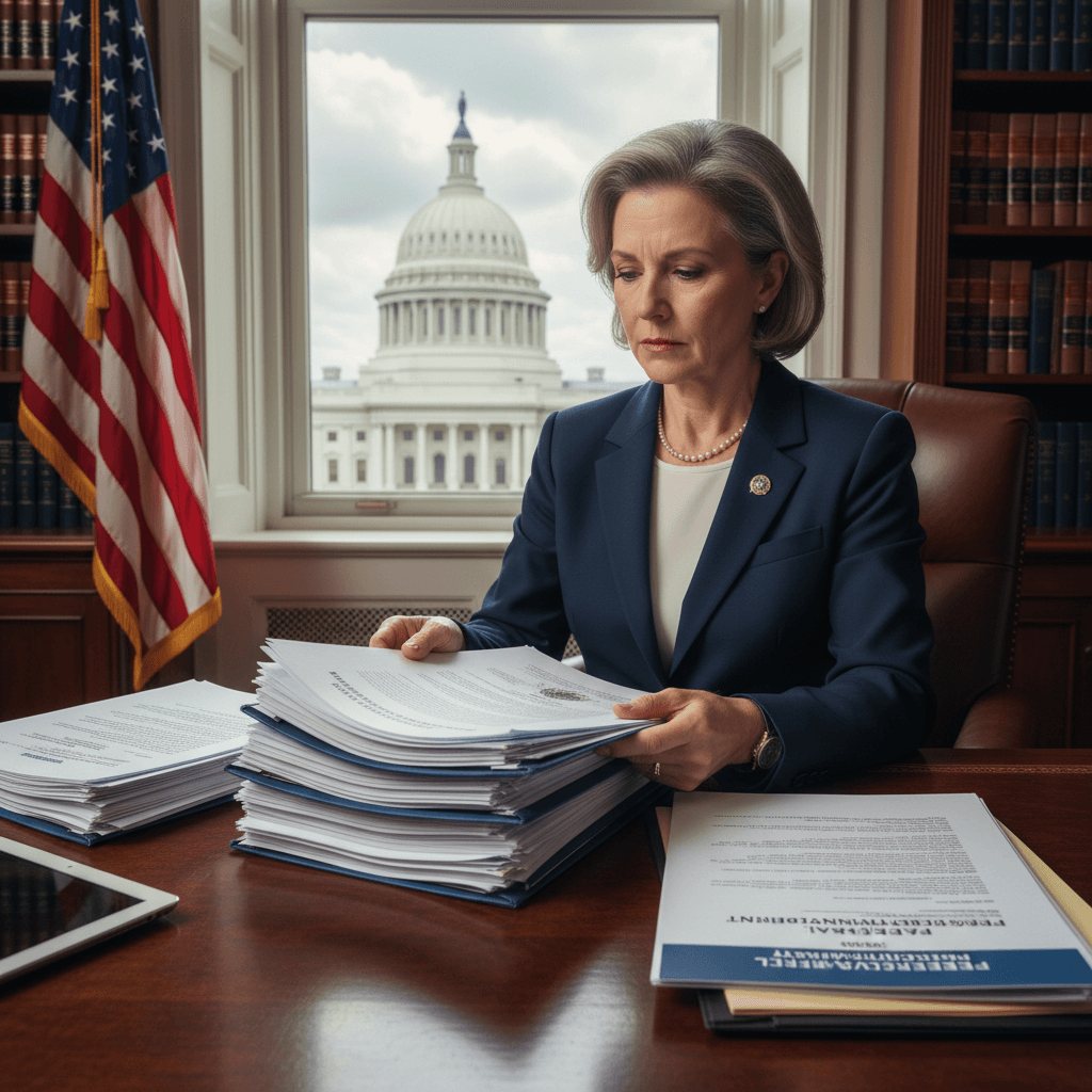 Government official reviewing federal contract documents at desk
