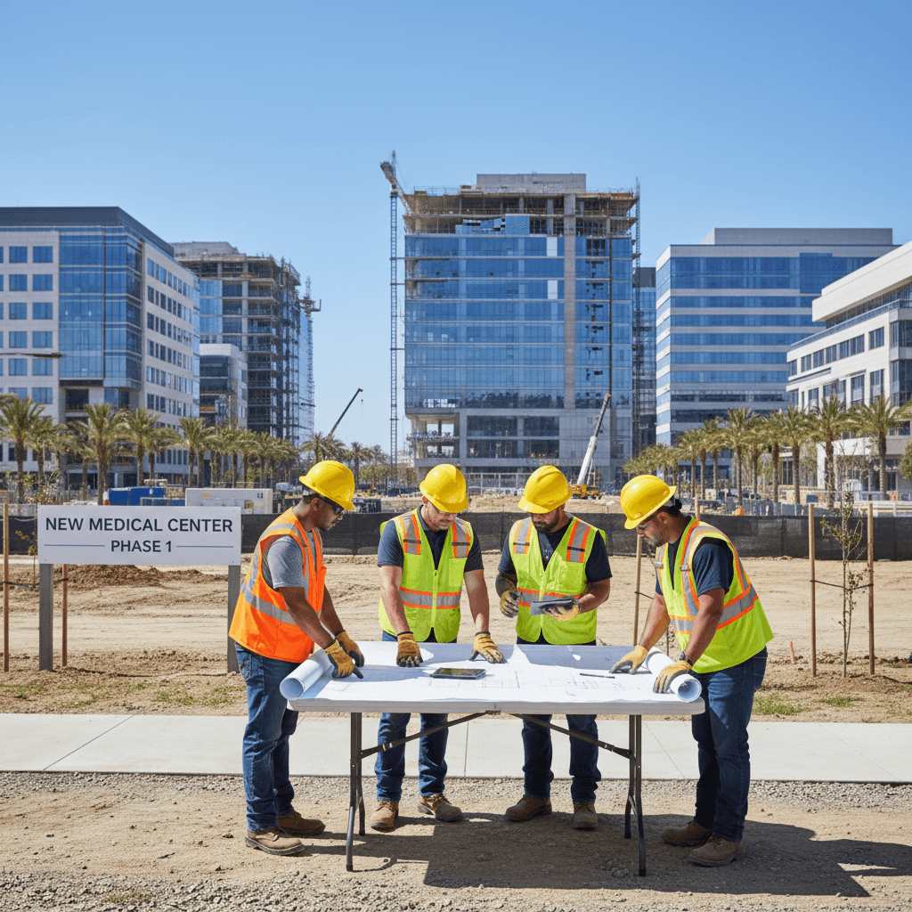 Construction workers reviewing site plans outside a large medical center