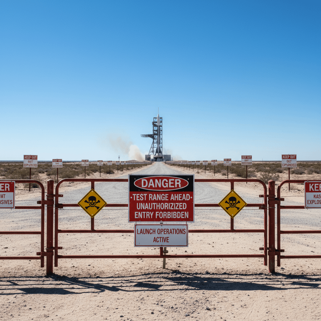 Missile test range with warning signage and empty launch pad