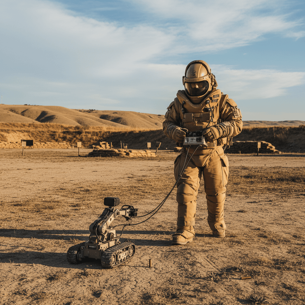 EOD technician in protective gear inspecting ordnance at a secure range