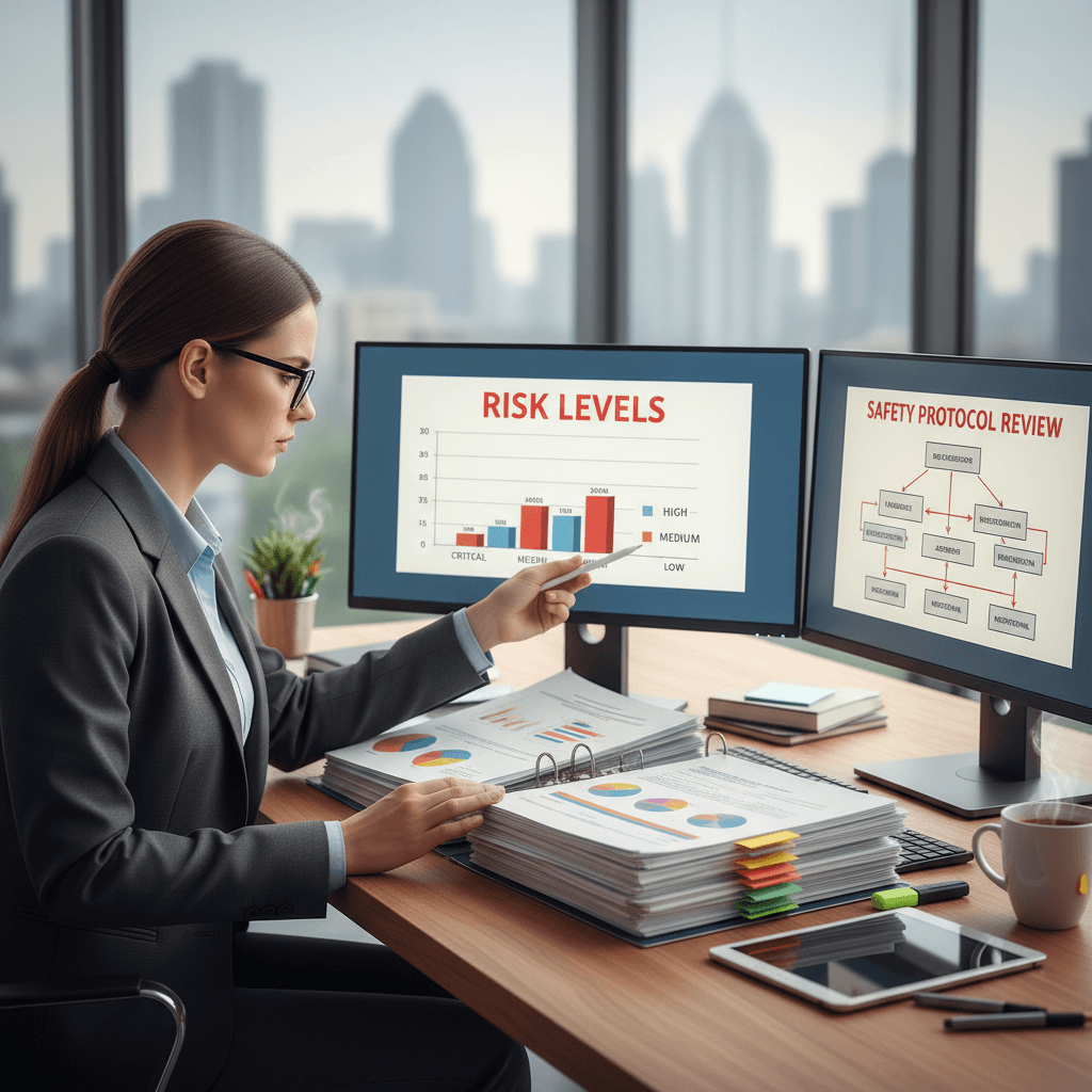 Professional in an office reviewing safety charts and risk documentation
