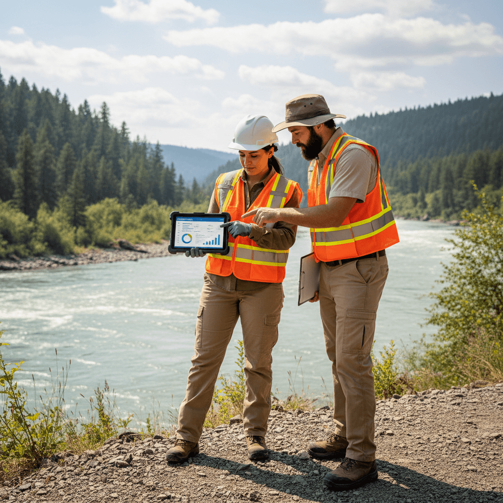 Environmental specialists in safety vests reviewing field data on a tablet