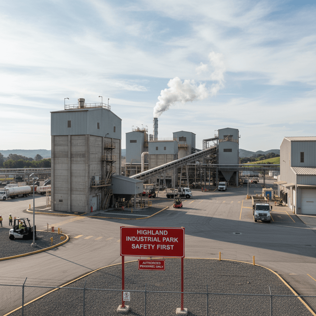 Industrial facility with safety signage at Highland Industrial Park