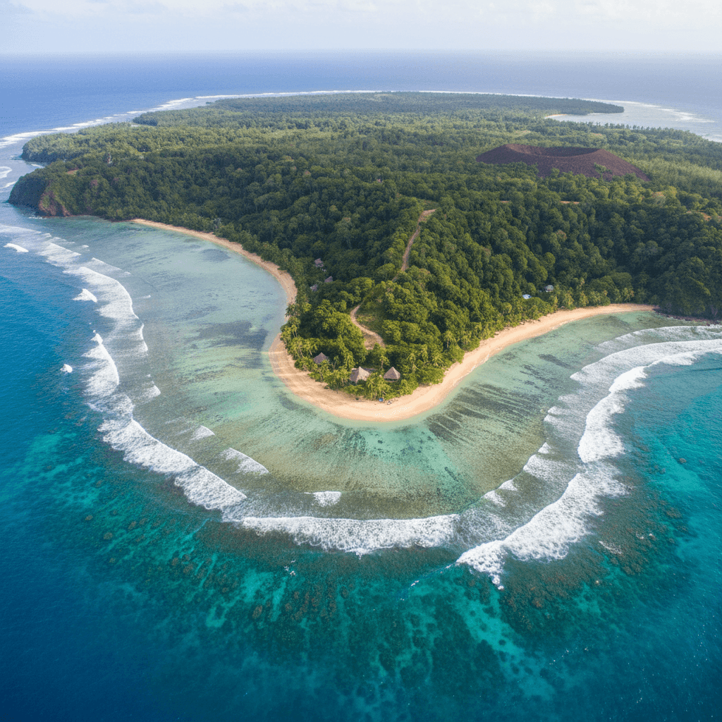 Aerial view of a remote Pacific island coastline with clear water