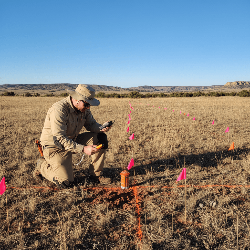 Technician marking a flagged survey grid on open terrain