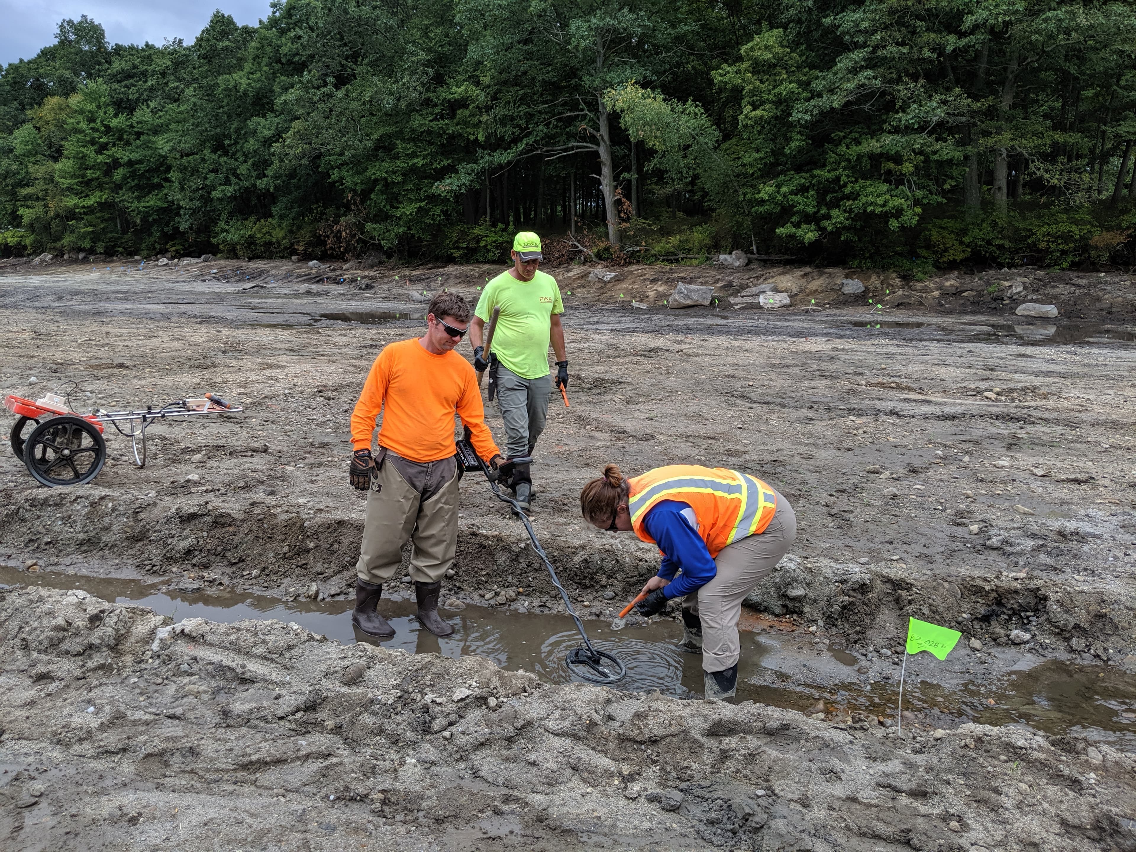 Three workers in safety gear use a metal detector in a muddy trench near trees.