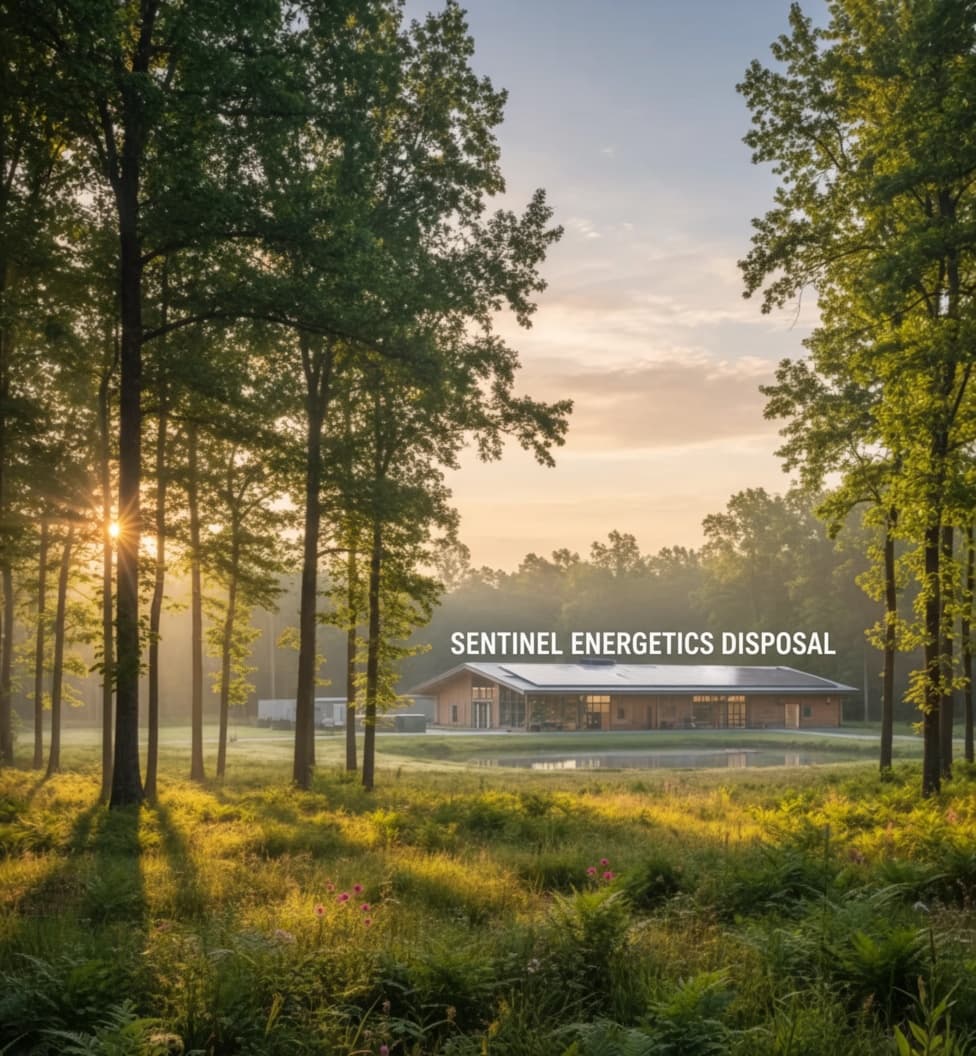 Modern Sentinel Energetics Disposal facility in a sunlit forest clearing with solar panels.